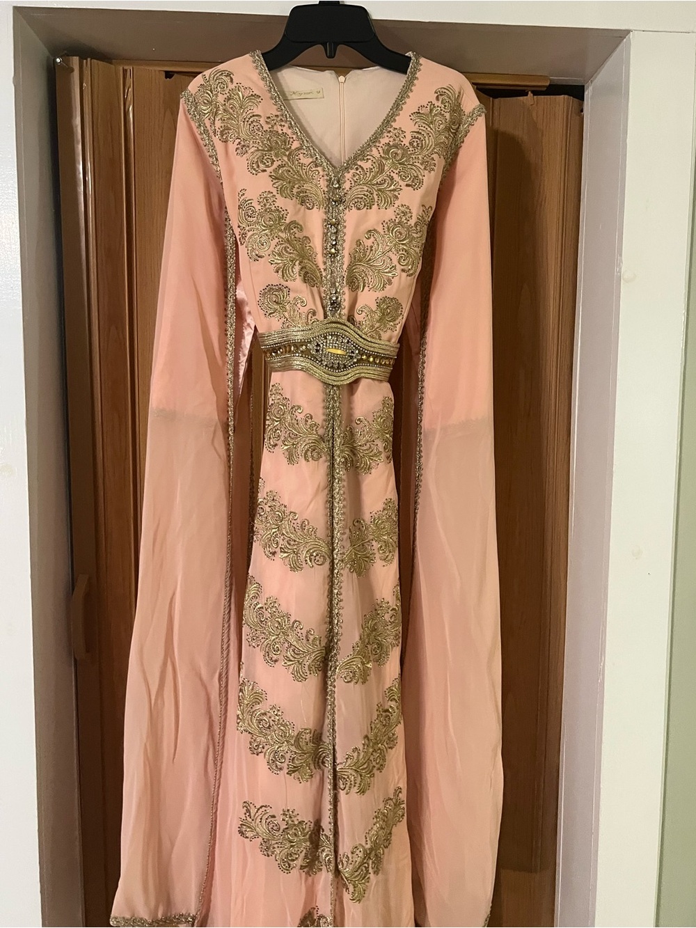 Embellished Peach Evening Dress with Gold Accents